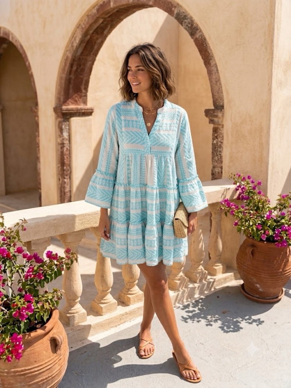 Devotion Twins Ella Embroidered Tunic Dress Neon TurquoiseBlue White Boho Resort